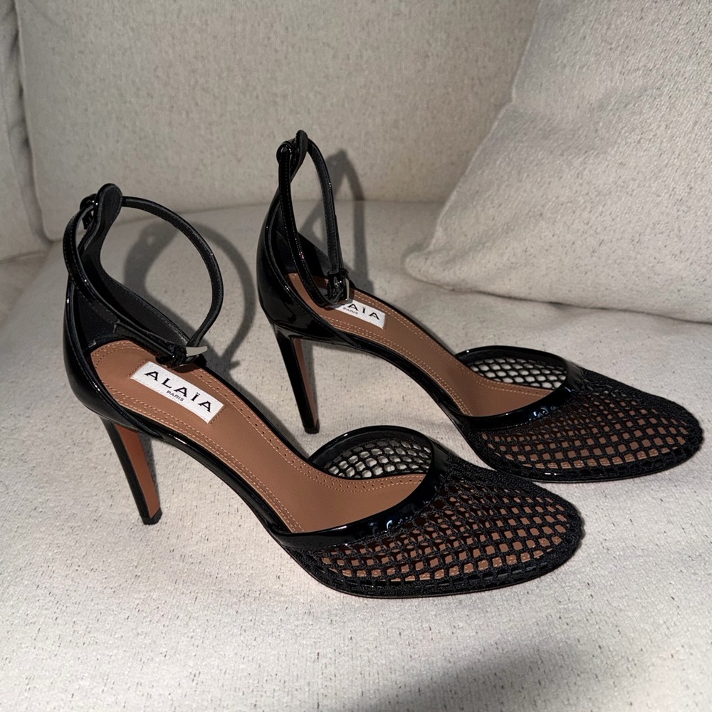 ALAIA Fishnet Patent Ankle-Strap Pumps